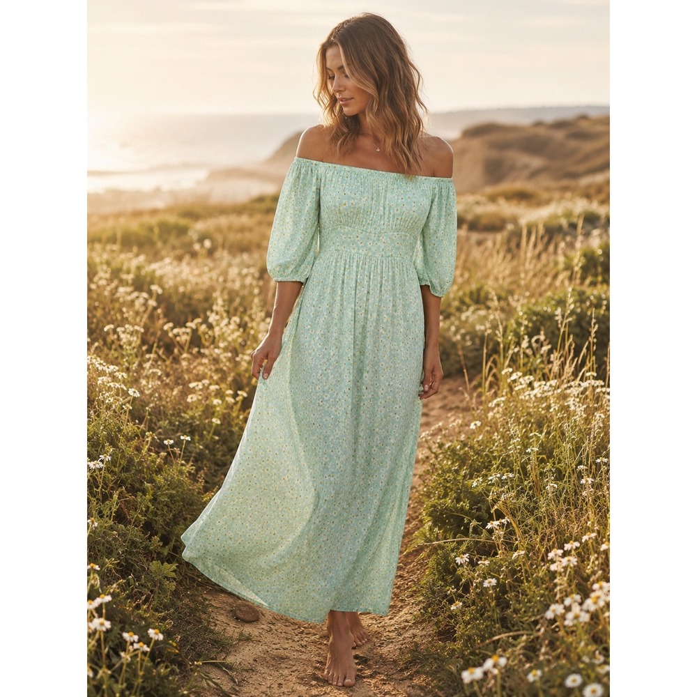 Billabong Mint Green Daisy Floral Smocked Off Shoulder Maxi Dress NWT Size Large
